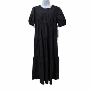 Mod Ref Womens Drea Puff Sleeve Tiered Poplin Maxi Dress Size XL Black Event NWT